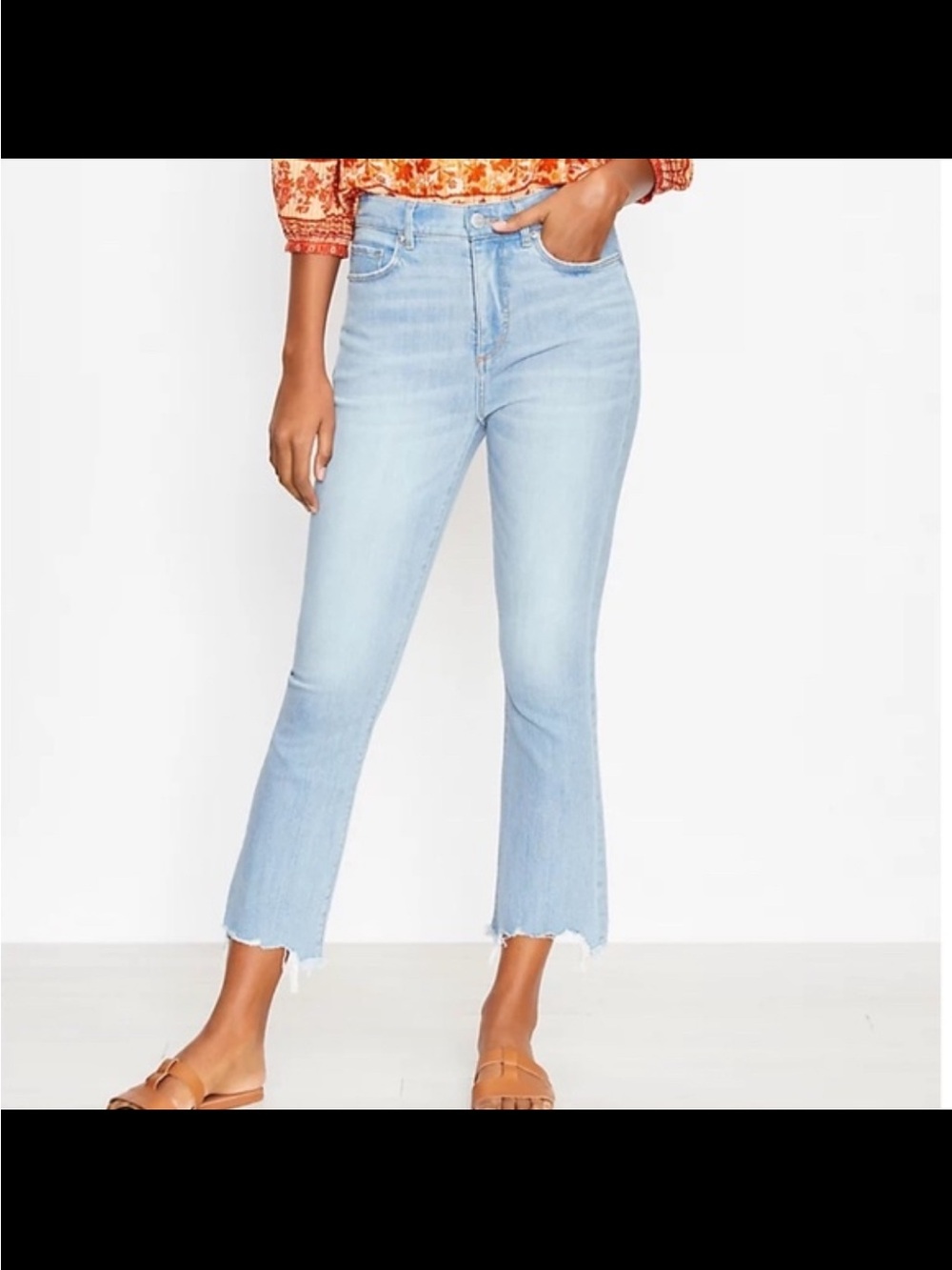 LOFT High Waist Flare Crop Jeans Raw Frayed Hem Stretch Size 27 / 4